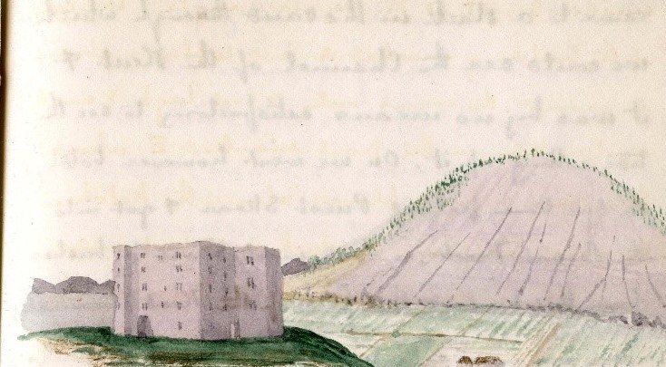 A watercolour sketch showing an angular, grey building in the foreground and a hill in the background