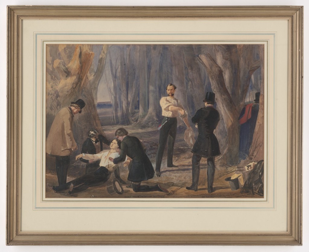 Watercolour painting depicting the scene following a duel between two gentlemen that takes place in some woods. One gentleman has been wounded and is lying on the floor whilst three other gentlemen try to care for him.