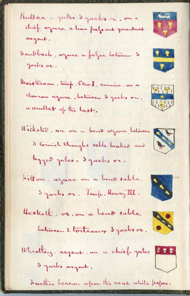 A page from Arthur Hansbrow's commonplace book depicting small, watercolour sketches of seven heraldic shields belonging to various Cheshire families, accompanied by handwritten notes in red ink.