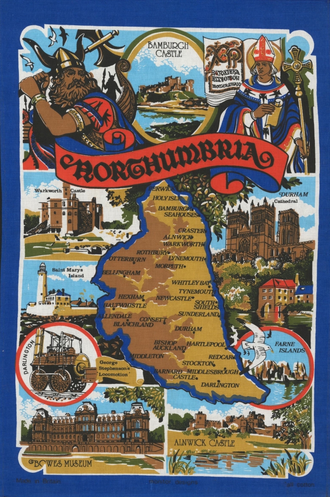 A dark blue tea towel with many images of historic locations in and around Northumberland, County Durham, and North Yorkshire.